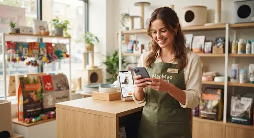 พนักงานร้านกำลังใช้โทรศัพท์ในร้านผลิตภัณฑ์สัตว์เลี้ยง